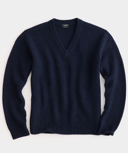 Ribbed Cashmere V-Neck in Navy